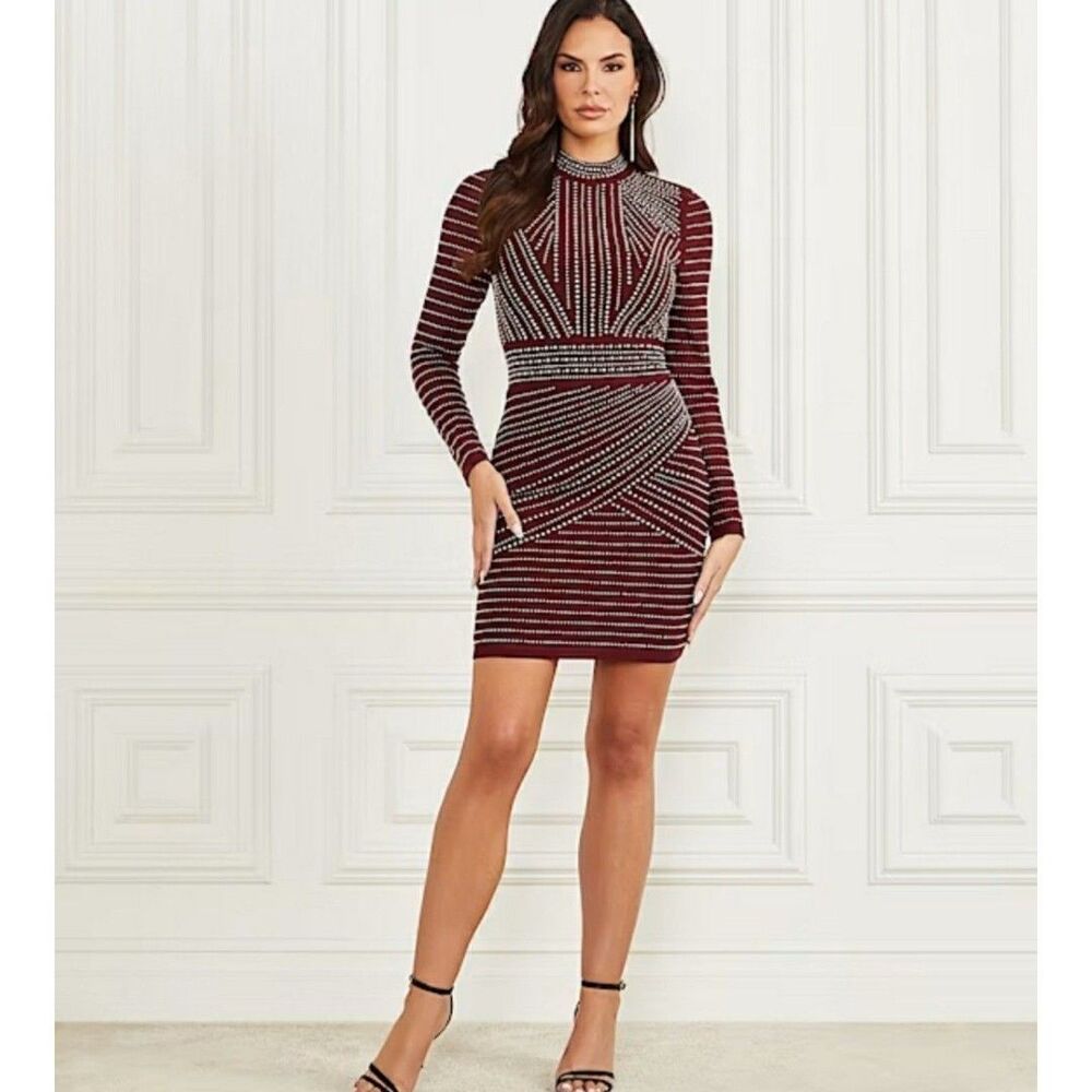 NWT Marciano by Guess Stella burgundy mesh mini dress w silver stud detail Sz 4 - Picture 2 of 9